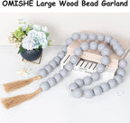 OMISHE 76" Long Extra Large Wood Bead Garland Grey with 1.6" Diameter Wooden Beads and Tassels, Rustic Farmhouse Country Decorative Beads for Home Tiered Tray Decor, Grey