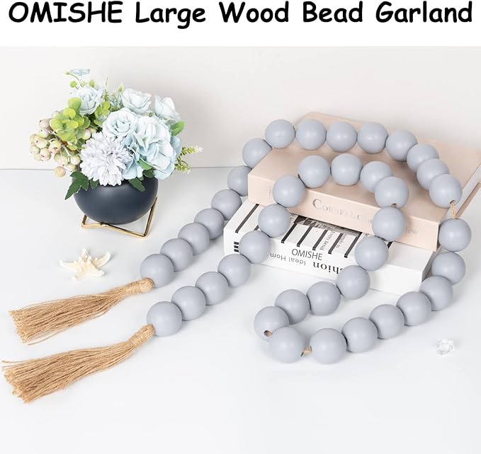 OMISHE 76" Long Extra Large Wood Bead Garland Grey with 1.6" Diameter Wooden Beads and Tassels, Rustic Farmhouse Country Decorative Beads for Home Tiered Tray Decor, Grey