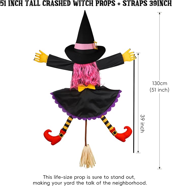 POPGIFTU 51" Halloween Crashing Witch Decoration – Pink Flying Witch for Tree, Yard, Porch, and Indoor Outdoor Halloween Décor