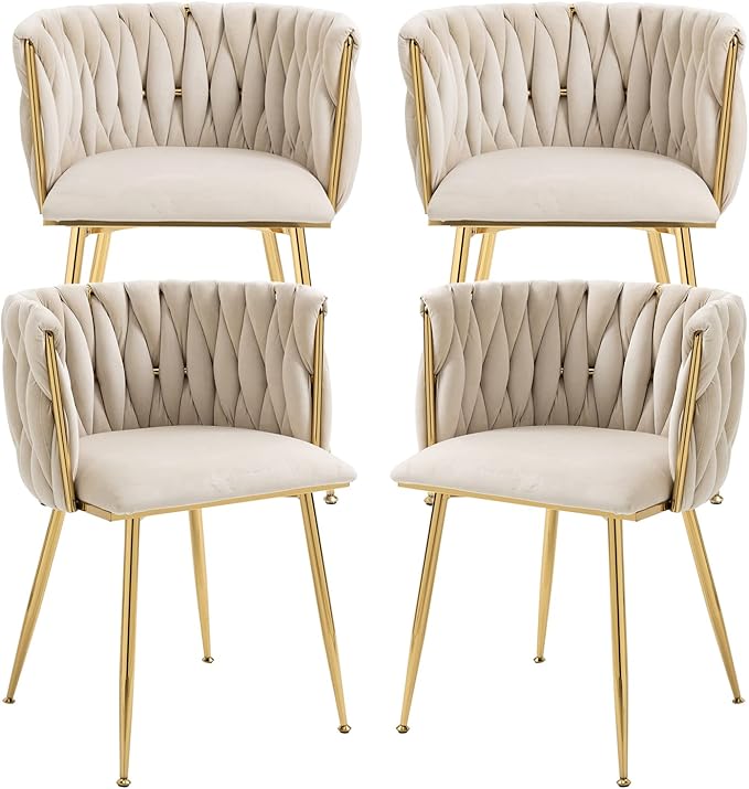 Nrizc Velvet Dining Chairs Set of 4, Woven Upholstered Dining Chairs with Gold Metal Legs, Modern Accent Chairs for Living Room, Dining Room, Kitchen