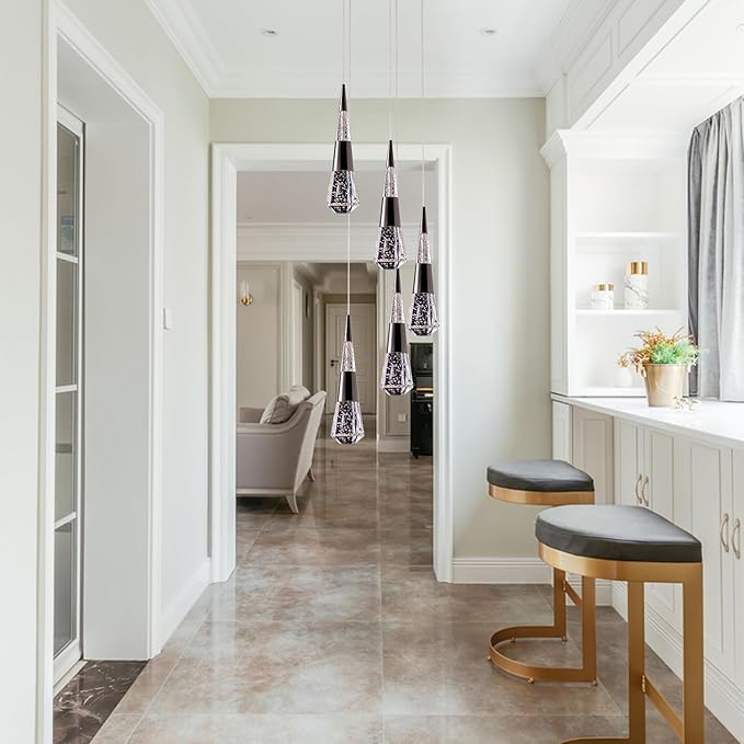 5-Light led Pendant Light, Dimmable Modern Pendant Light Kitchen Island Light Fixture Luxury Meteor Shower-Style Black Led Chandelier for Dinning Room, Kitchen Lighting Fixture