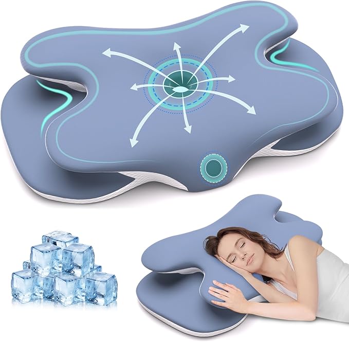 Cervical Pillow for Neck and Shoulder Pain Relief, Ergonomic Neck Pillow for Sleeping, Contour Memory Foam Cervical Pillow, Neck Pillow for Side Back Stomach Sleepers with Ice Silk Fabric (Blue)