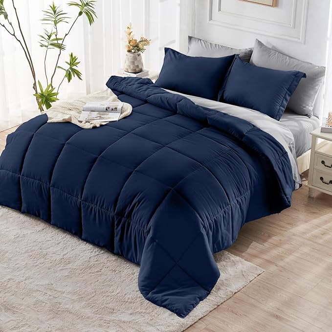 JOLLYVOGUE Twin Comforter Set, Ultra-Soft Bed in a Bag Twin Size 5 Pieces, Oeko-TEX Certified Bedding Set with Down Alternative Comforter, Sheets, Pillowcases & Shams, Navy Blue & Light Grey