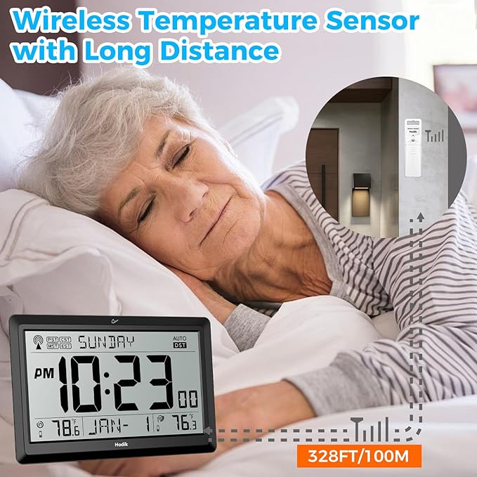 Wall Clock Atomic with Indoor Outdoor Temperature Battery Powered, Easy Reading with 10.5 Inch Large LCD Display, 330FT Range Table Wall Clock with DST, 12/24 Hour for Living Room Kitchen (Black)