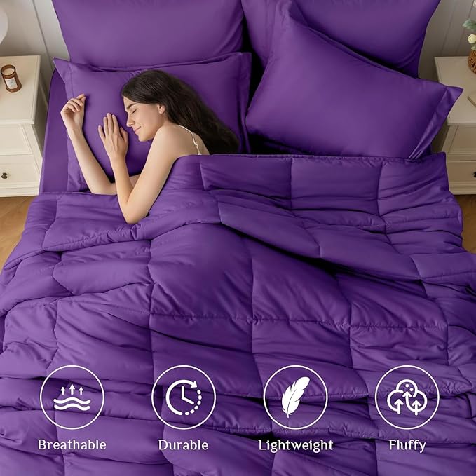 JOLLYVOGUE Full Comforter Set, Ultra-Soft Bed in a Bag Full Size 7 Pieces, Oeko-TEX Certified Bedding Set with Down Alternative Comforter, Sheets, Pillowcases & Shams, Purple