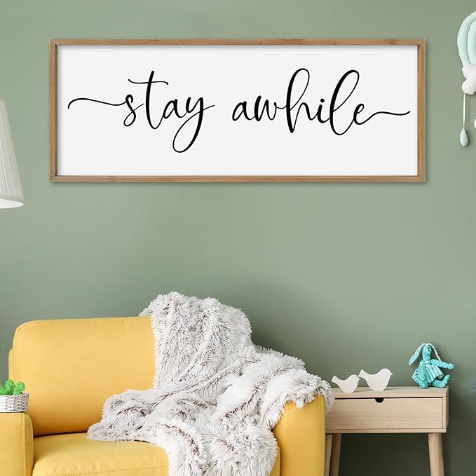 SRSZHIYUE Stay Awhile Sign Wall Decor Art 32"×12" Home Entryway Hallway Signs Large Wood Framed Wall Hanging (Wood)