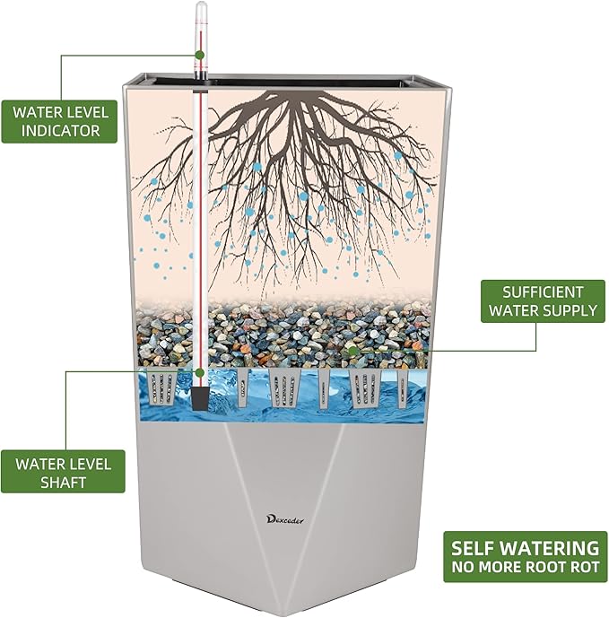 Dexceder 20 Inches Tall Self Watering Planter Diamond Metallic Matte Indoor Outdoor, Thickened Rhombus Large Floor Standing Flower Plant Pot with Water Level Indicator (Gray)