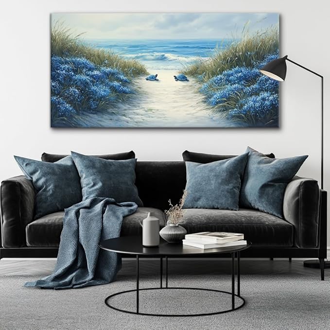 LASMOND Romantic Beach Wall Art for Living Room Blue Sea Turtle Lovers Canvas Painting Prints Ocean Sandy Romance Flowers Large Bedroom Office Decor Artwork (58x28 Inches)