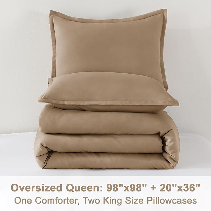 Litanika Comforters Taupe Oversized Queen Size, 3 Pieces Lightweight Solid Bedding Set & Collections, All Season Fluffy Bed Set (98x98In Comforter & 2 Pillowcases)