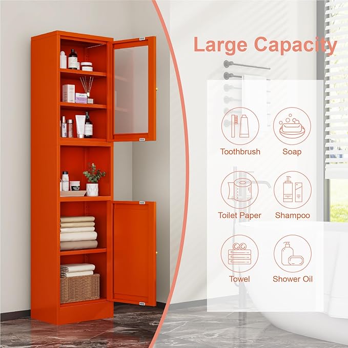 67" Tall Bathroom Storage Cabinet, Narrow Metal Floor Cabinet with Glass Door and Adjustable Shelves, Freestanding Metal Locker for Laundry, Kitchen, Dining Room