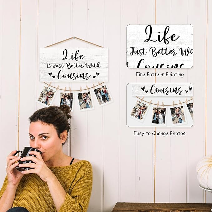 Cousins Gifts Picture Frame Photo Holder for Wall, Cousin Gift for Women Men, Best Cousin Gift, Gifts for Female Male, Life is Better with Cousins Hanging Photo Display