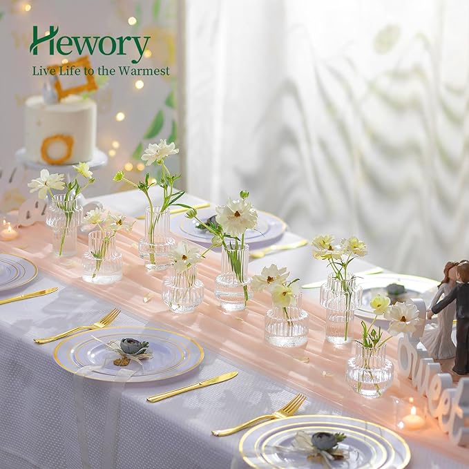Hewory Ribbed Bud Vases for Centerpieces: Set of 16 Small Clear Glass Vase for Bridal Baby Shower Home Decor - Modern Table Decoration for Wedding & Event Planners