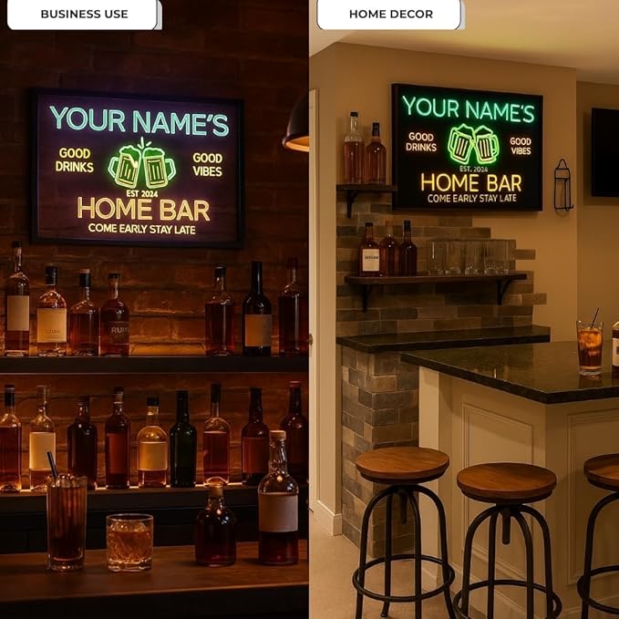 Personalized Home Bar Neon Sign LED Light Up Bar Wall Decor with Beer Mugs and Snacks Icons for Home Pub Kitchen Lounge Man Cave Party Room Custom Name Gift