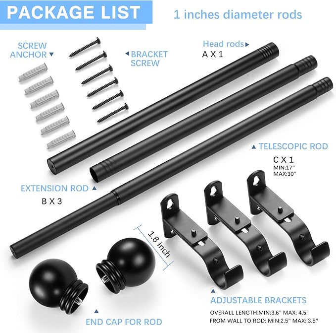 Curtain Rods for Windows 16 to 76 Inches, Curtain Rod Max Adjustable Length of 88 IN, 1" Diameter Drapery Rods Round Finials, Black, Pack of 1