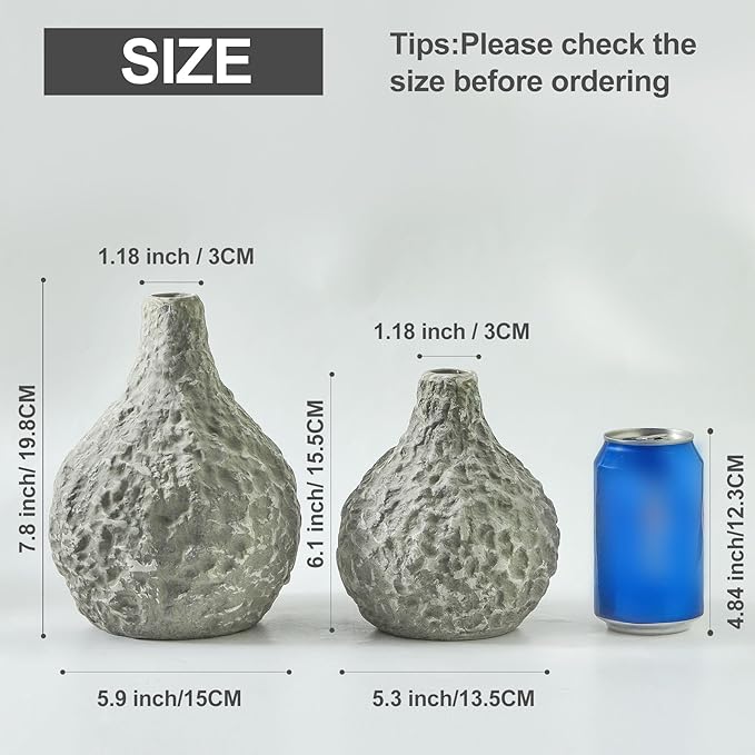 Stone Vases，Ceramic Bud Vase Set of 2,Minimalist Vases for Pampas Grass,Modern Vase for Wabi Sabi Home Decor, Shelf Decoration，Fireplace Decor,Coffee Table Decor