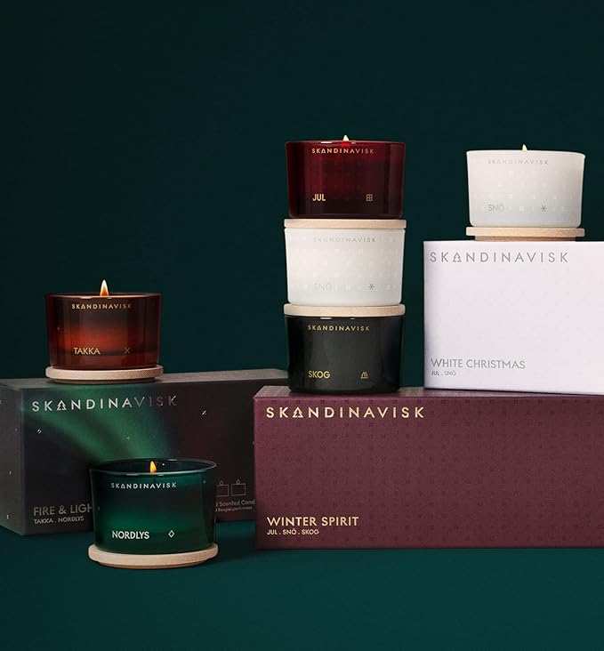 Skandinavisk Winter Spirit Giftset of 3 Scented Candles. Skog 'Forest', JUL 'Christmas', and SNÖ 'Snow'. Vegan Formula. 3 x 3.17 oz. Gift Set