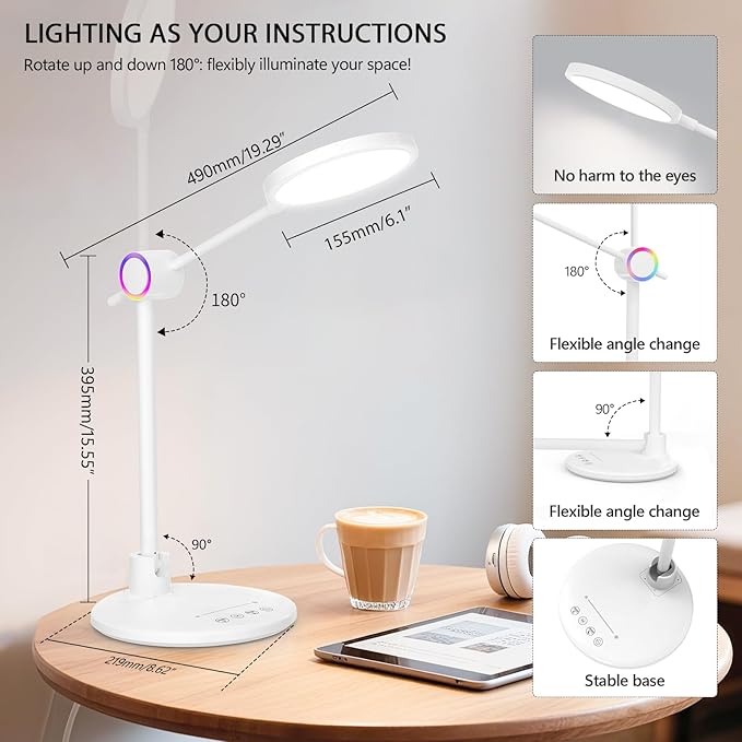 Desk Lamp for Home Office, Eyecare LED Desk Light with RGB Night Light, Dimmable Table Lamp with 5 Color Modes, 180° Foldable Touch Control Reading Light for Home, Study Room, Bedroom