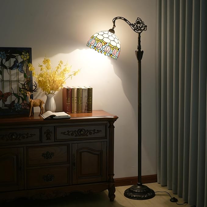 Tiffany Floor Lamp Pink Tulip Stained Glass Gooseneck Floor Light 63 inches Handcrafted Tiffany Style Standing Lamp with Angle Adjustable Lampshade for Reading Working Home Decoration