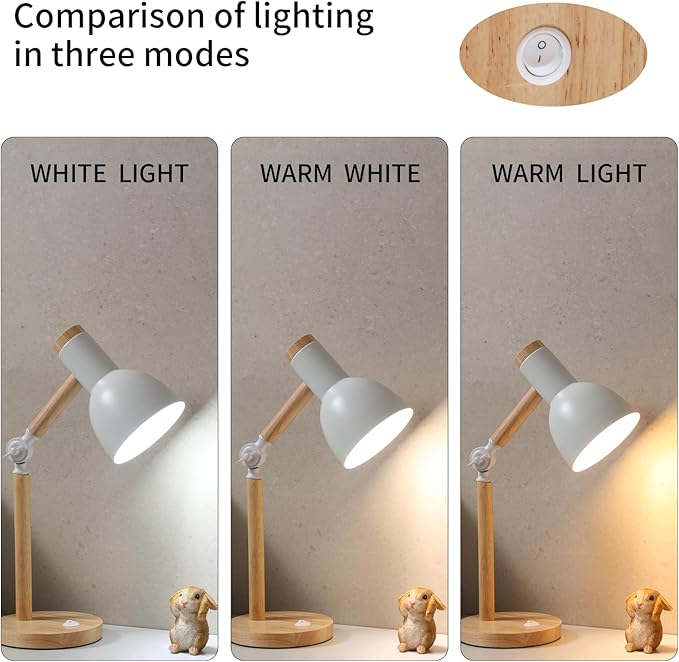 Small Wooden Desk Lamp,Adjustable tri-Color Kids Table Lamp,Desk Lamp for Home Office,Bedside lamp,Dorm lamp(White)
