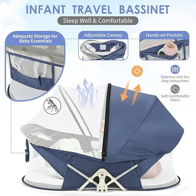 Portable Baby Bassinet Travel Baby Bed, Baby Cribs Travel Pod for Outdoors Baby Lounger Infant Travel Bed with Mosquito Net and Sunshade Canopy, Lightweight Washable