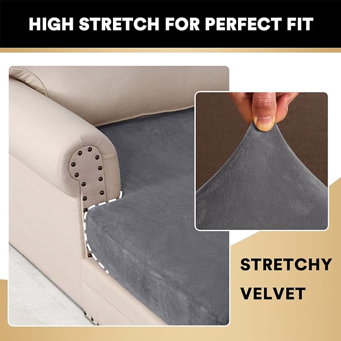 PrinceDeco Sectional Couch Covers Velvet Couch Cover for Dogs Washable L Shaped Couch Cover 1 Piece Individual Sectional Couch Covers with Elastic Bottom(Chaise Lounge,Grey)