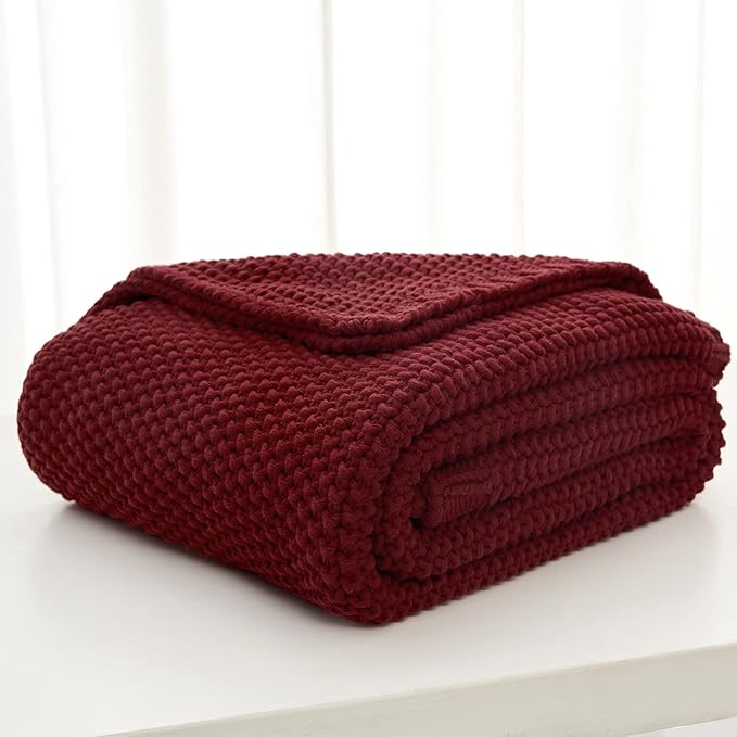 Longhui bedding Chunky Cable Knit Throw Blanket Lightweight Burgundy 100% Organic Cotton Blanket for Sofa Couch Bed Baby Nursery, Rustic Shabby Chic Modern Farmhouse, 51” x 63” Give Laundering Bag