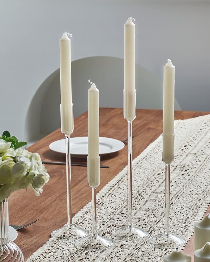 Candle Holder, Glass Taper Candle Tall Candlestick Holder, 4 Different Heights, for Table Centerpiece, Wedding, Party, Clear, 4pcs