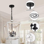 4 Light Rustic Chandelier, Farmhouse Lantern Fixture with Brushed White Oak Cage and Adjustable Chain, E12 Base Geometric Hanging Light Fixture Ceiling lighting for Entryway Kitchen Island, Indoor Use