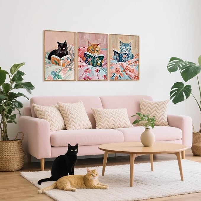 HPNIUB Framed Vintage Black Cats Canvas Wall Art, Funny Animal Reading Books Poster Printing Pictures, Pink Cute Cat Lovers Wall Decor for Girls Room Bedroom Kids Room Living Room Classroom- 16 x24 x3