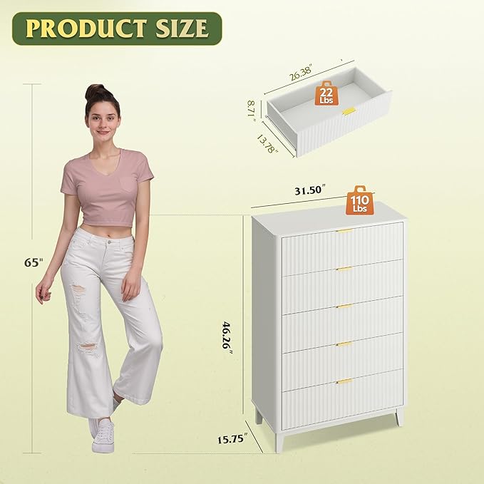 WLIVE Fluted Dresser for Bedroom with 5 Drawers, 46.26" Tall Wood Dresser with Golden Metal Handles, Mid Century Modern Chest of Drawers for Living Room, Hallway, Closet, Solid White