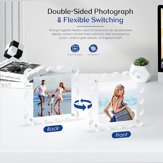 Acrylic Magnetic Picture Frames 4x4-6Pack Clear Freestanding Photo Frame.Double-Sided Scalloped Edges, 10+10mm Thick Block, for Modern Desktop Display &Perfect for Gifts (6 Pack, 4X4)