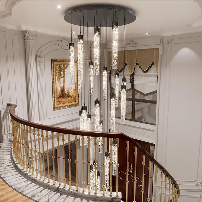 Black Chandeliers for Living Room 38-Lights Modern Crystal Light Extra Large Chandelier Light Fixture Entryway Foyer High Ceiling Chandelier Lighting with Sloping Ceiling