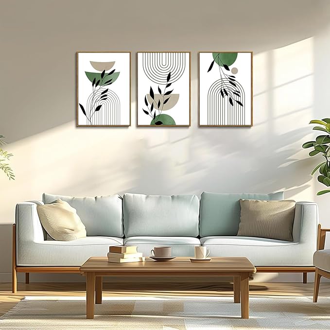 Bwodke Boho Wall Art, Framed Abstract Wall Art, Line Plants Leaf Canvas Wall Decor, Mid Century Sage Green Geometric Pictures Set of 3, Minimalist Paintings, for Bedroom Living Room Bathroom 16"x24"