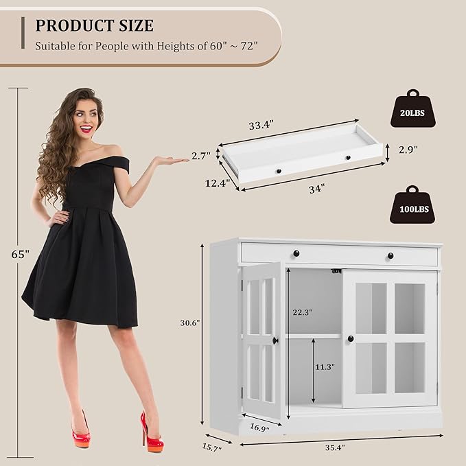 GarveeHome 35.4 in Sideboard Buffet Cabinets with Glass Door, Buffet Cabinet with Storage, White Sideboard Cabinet with Drawer, Modern Buffets & Sideboards for Dining Room, Kitchen