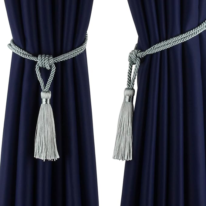 Fenghuangwu Curtain Tiebacks Tassel Tie-Backs, Rope Curtain tie Backs Handmade Curtain Holdbacks Made from Polyester (Light Blue, 2p)