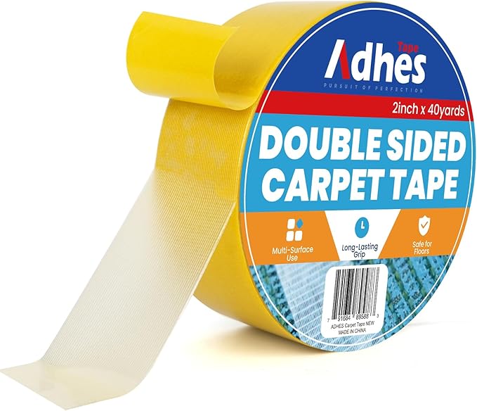 ADHES Double Sided Carpet Tape for Area Rugs – 2 Inch x 40 Yards, Heavy Duty Adhesive, Residue-Free, Rug Tape Gripper for Hardwood Floors, Tile, and Carpeted Surfaces