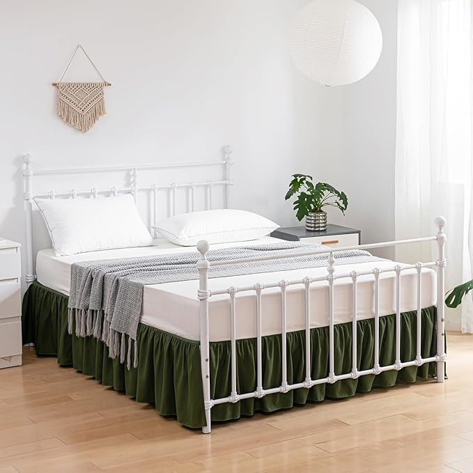 Bed Skirt Queen Size Ruffled Bed Skirt with Split Corners, 12 Inch Drop Dust Ruffle Bed Skirt with Platform, Green, Queen - 12" Drop