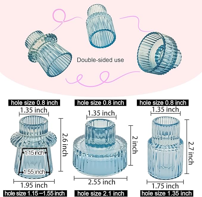 Double Sided Vintage Ribbed Taper Glass Candle Holders,Tea Candle Holder for Table Centerpieces, Wedding Decorations and Dinner Parties (Bule, 3 PCS)