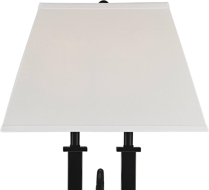 Possini Euro Design Deacon 26" High Industrial Modern Desk Lamps Set of 2 USB Port AC Power Outlet Gooseneck Black Metal Oatmeal Shade Home Office Living Room Charging Bedroom Bedside Nightstand