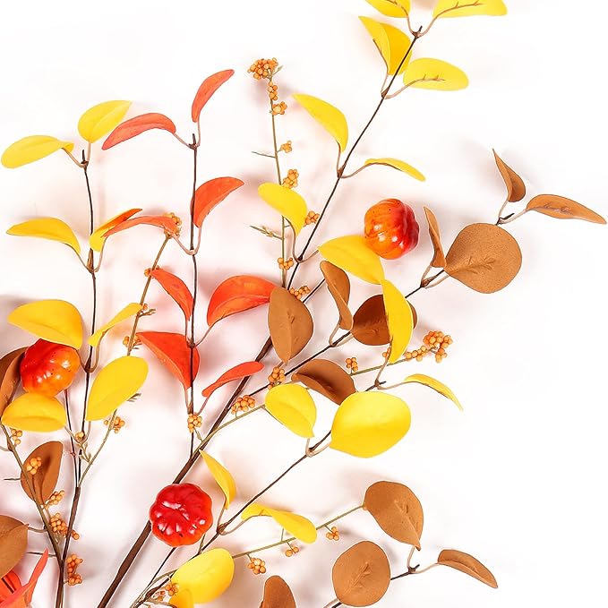 Beferr Fall Eucalyptus Stems Christmas Decor - 5Pcs 32" Tall Faux Eucalyptus Leaves Pumpkins Branches Autumn Thanksgiving Farmhouse Harvest Fireplace Table Centerpiece Home Decorations