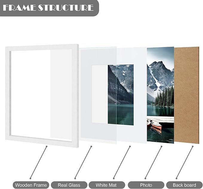 9x12 White Picture Frames set of 3, Made of Wooden and Glass Photo frame - Displays Picture 6x8 with Mat or 9 x 12 without Mat, Desktop & Wall Collage Frame set