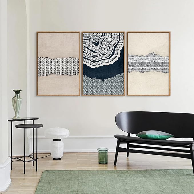SIGNINART Blue and Beige Framed Canvas Wall Art Set, Neutral Abstract Tree Ring Wall Decor, Minimalist Dots and Line Artwork, Geometric Pattern Art Paintings for Living Room, Bedroom, Office 16"x24"x3