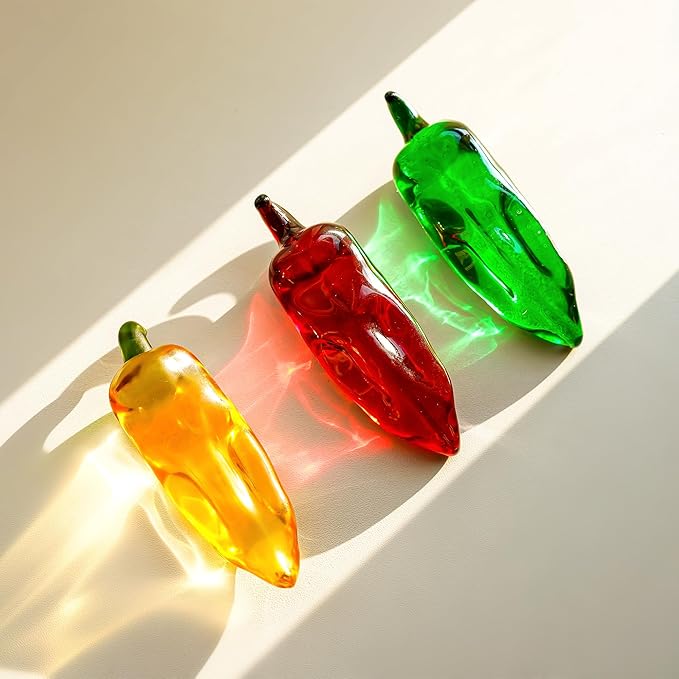 Set of 3 Glass Chili Miniature Figurines Fall Decorations for Home Crystal Fruits Vagetables Paperweights for Kitchen Tabletop Glass Christmas Centerpiece Decor