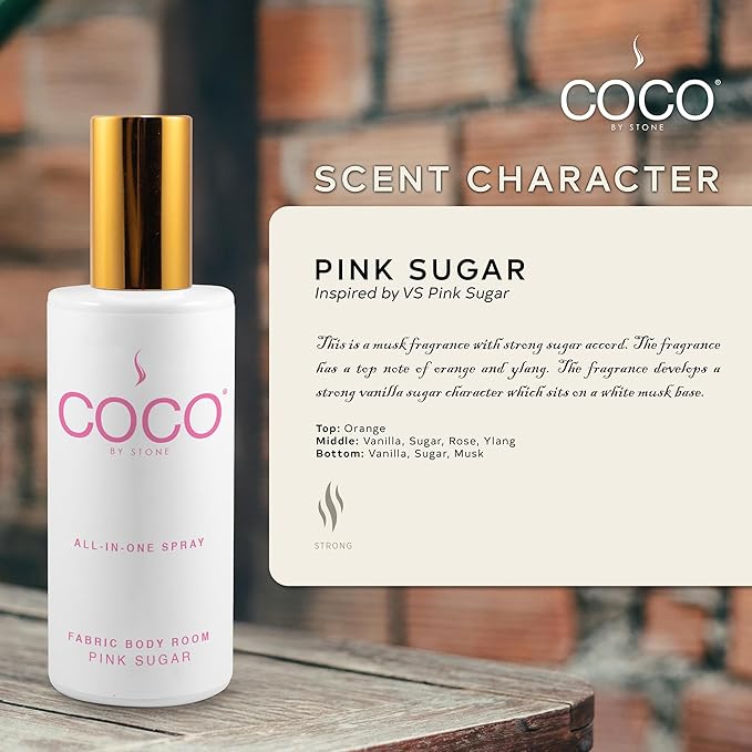 COCO by Stone 5oz All-in-One Spray (Pink Sugar) Shake & Spray Formula for Fabric, Pillows, Interiors, Clothing, Home Fragrance Accessories, Room Perfume, Room Deodorizer, Vegan & Cruelty-Free