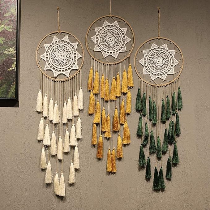 Artilady Macrame Dream Catchers for Bedroom - Tassel Wall Hanging Handmade Dreamcatchers Home Decor with Tassel Feather Ornament Craft Blessing Gift (Beige)
