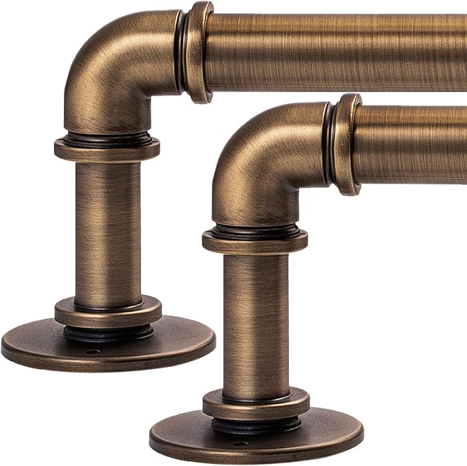 2PCS Industrial Curtain Rods 18 to 88 Inches,Adjustable Length,1 in Diameter Pipe,Wall or Ceiling Mounted,for Bedroom and Living Room(Antique Brass, 18” to 88”2PCS)