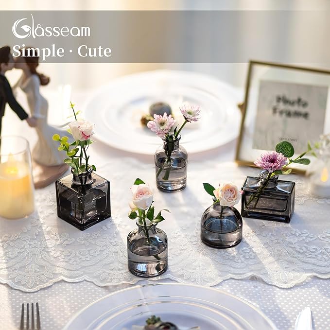 Glasseam Gray Glass Bud Vase: Mini Small Vases for Centerpieces Cute Flower Vase Set of 5 Tiny Vases for Flowers Decorative Centerpiece Table Decor for Wedding Party Dining Room Decoration