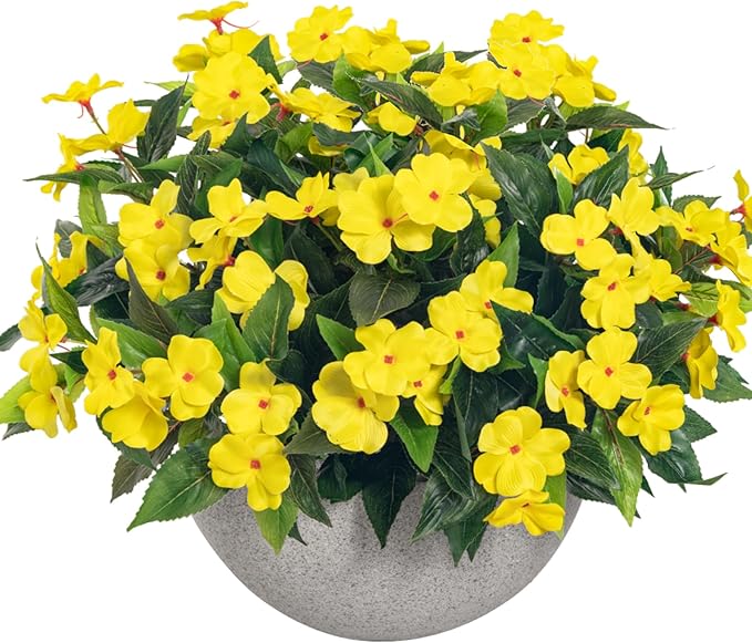UUqueeten15.7” Fall Decorations for Home Fake Fall Flowers Fake Plants Artificial Impatiens Bouquet Flowers for Outdoors Silk Faux Flowers Impatiens Plants Decor Indoor Planters 8PCS(Yellow)