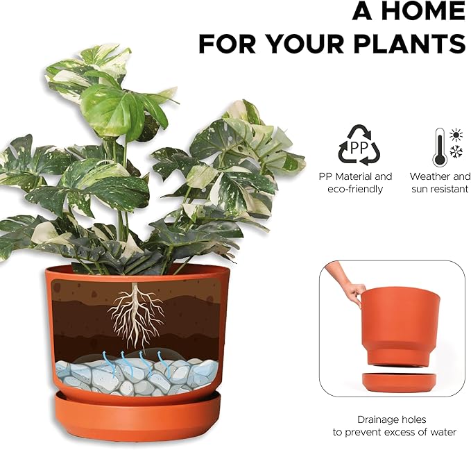 Elly Décor 8 inch Plastic Cylinder Planter Pot with Self-Watering Saucer and Drainage Hole,Lightweight & Extremely Durable, 8"x 8", Terracotta