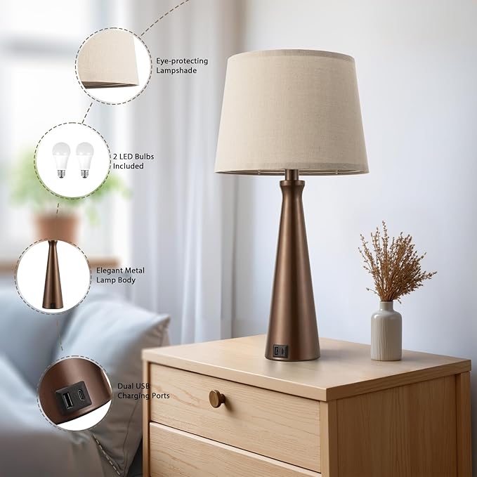 Seealle Modern Table Lamps Set of 2 - Touch Bedside Lamp for Nightstand with USB C+A,3-Way Dimmable Brown Nightstand Lamps for Living Room Bedroom End Table with Oat Shade(Bulb Included)